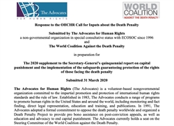 [ai] Document titled "Response to the OHCHR Call for Inputs about the Death Penalty," submitted by The Advocates for Human Rights and The World Coalition Against the Death Penalty, dated 31 March 2020. It discusses capital punishment and protections for individuals facing the death penalty.